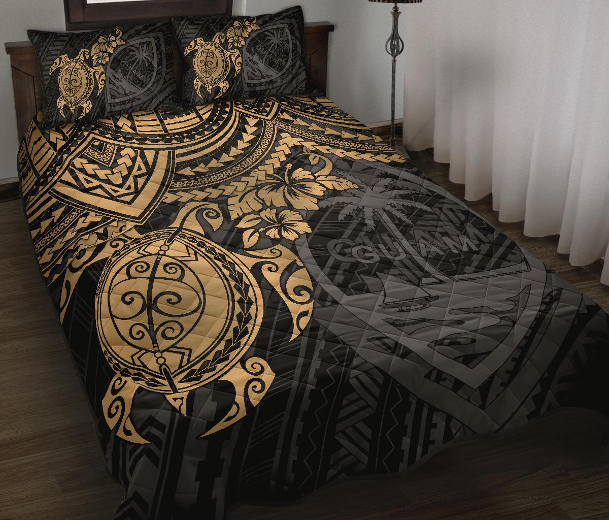 Guam Polynesian Quilt Bed Set - Guam Coat Of Arms & Golden Turtle Hibiscus BROWN - Polynesian Pride