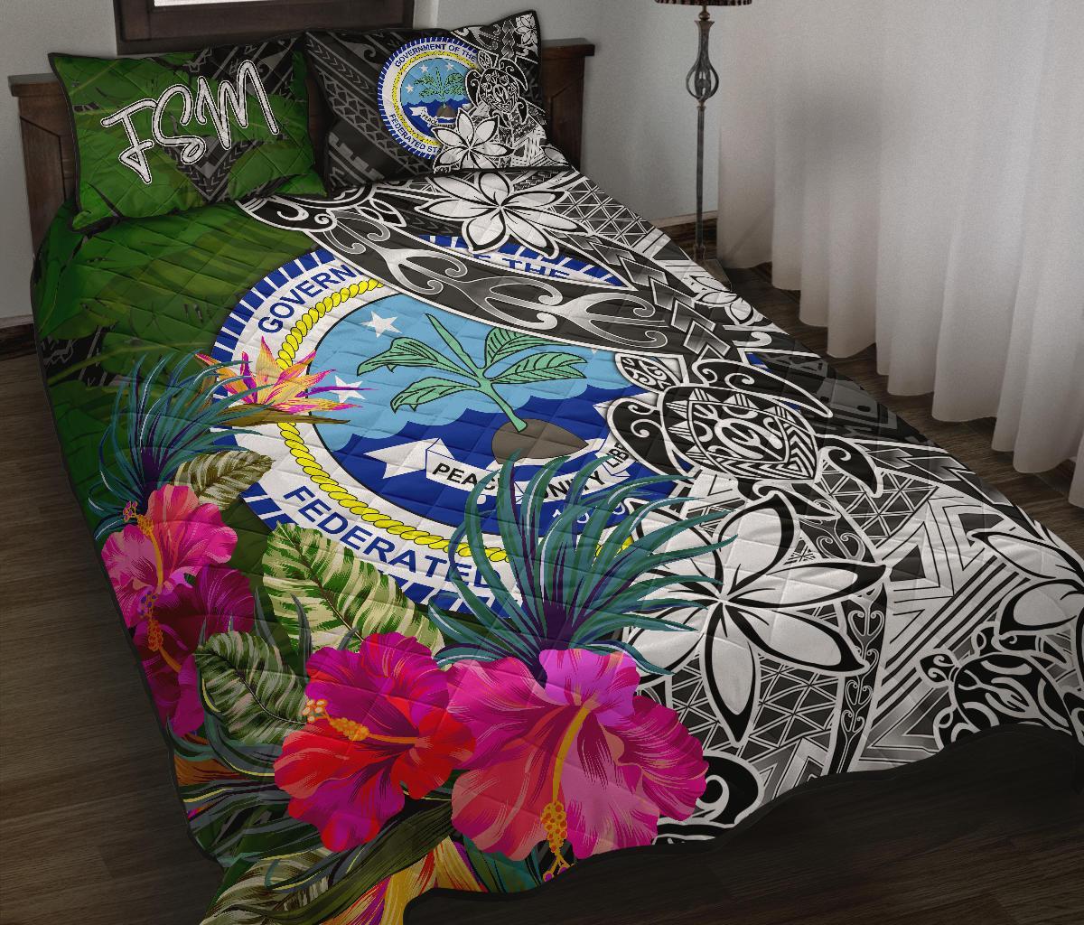 Federated States of Micronesia Quilt Bed Set - Turtle Plumeria Banana Leaf Black - Polynesian Pride