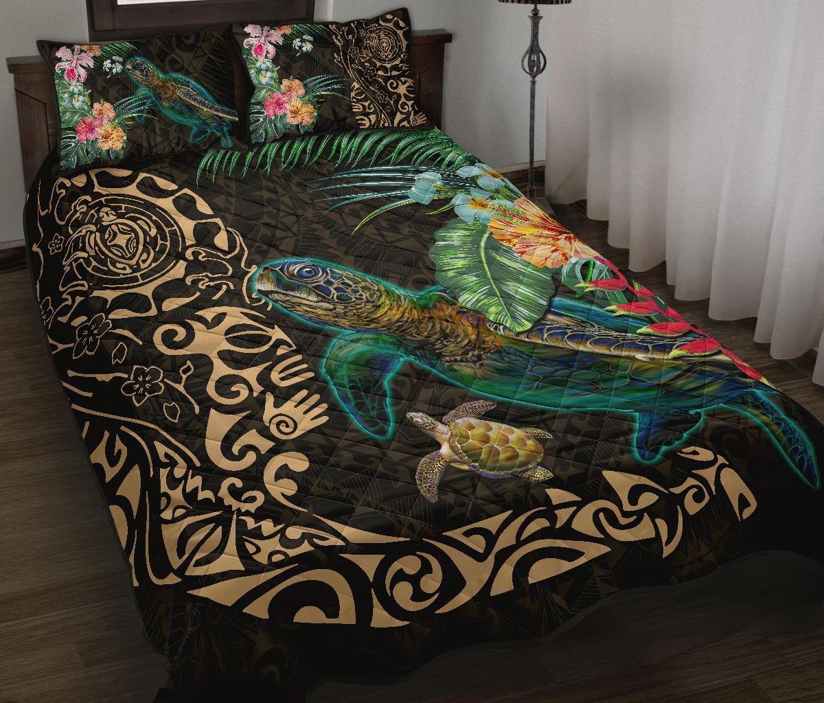 Tiki Polynesian Quilt Bed Set Turtle Hibiscus - Gold Gold - Polynesian Pride