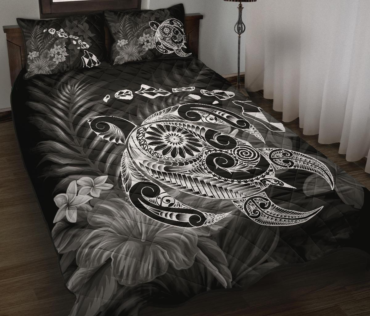 Hawaii Turtle Map Hibiscus Polynesian White Quilt Bed Set - Polynesian Pride