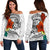 Tonga Women's Off Shoulder Sweater - Tropical Flowers White Patterns Style White - Polynesian Pride