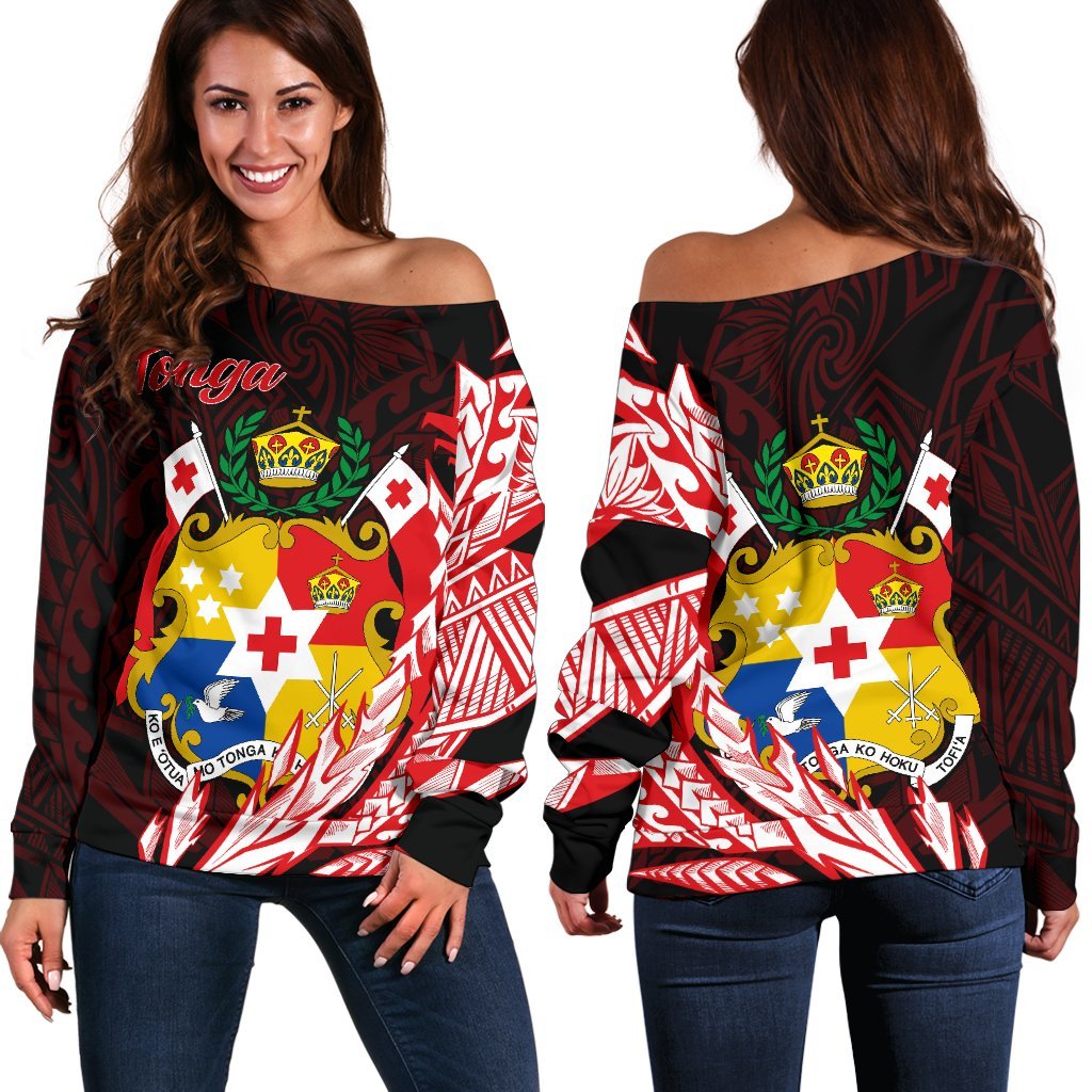 Tonga Women's Off Shoulder Sweater - Wings Style Women's Off Shoulder Sweater - Tonga Black - Polynesian Pride