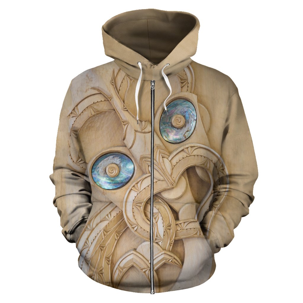 New Zealand Maori Zip Hoodie, Tiki With Paua Shell Eyes Full Zip Hoodie Unisex Black - Polynesian Pride