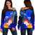 Polynesian Hawaii Custom Personalised Women's Off Shoulder Sweater - Humpback Whale with Tropical Flowers (Blue) Blue - Polynesian Pride