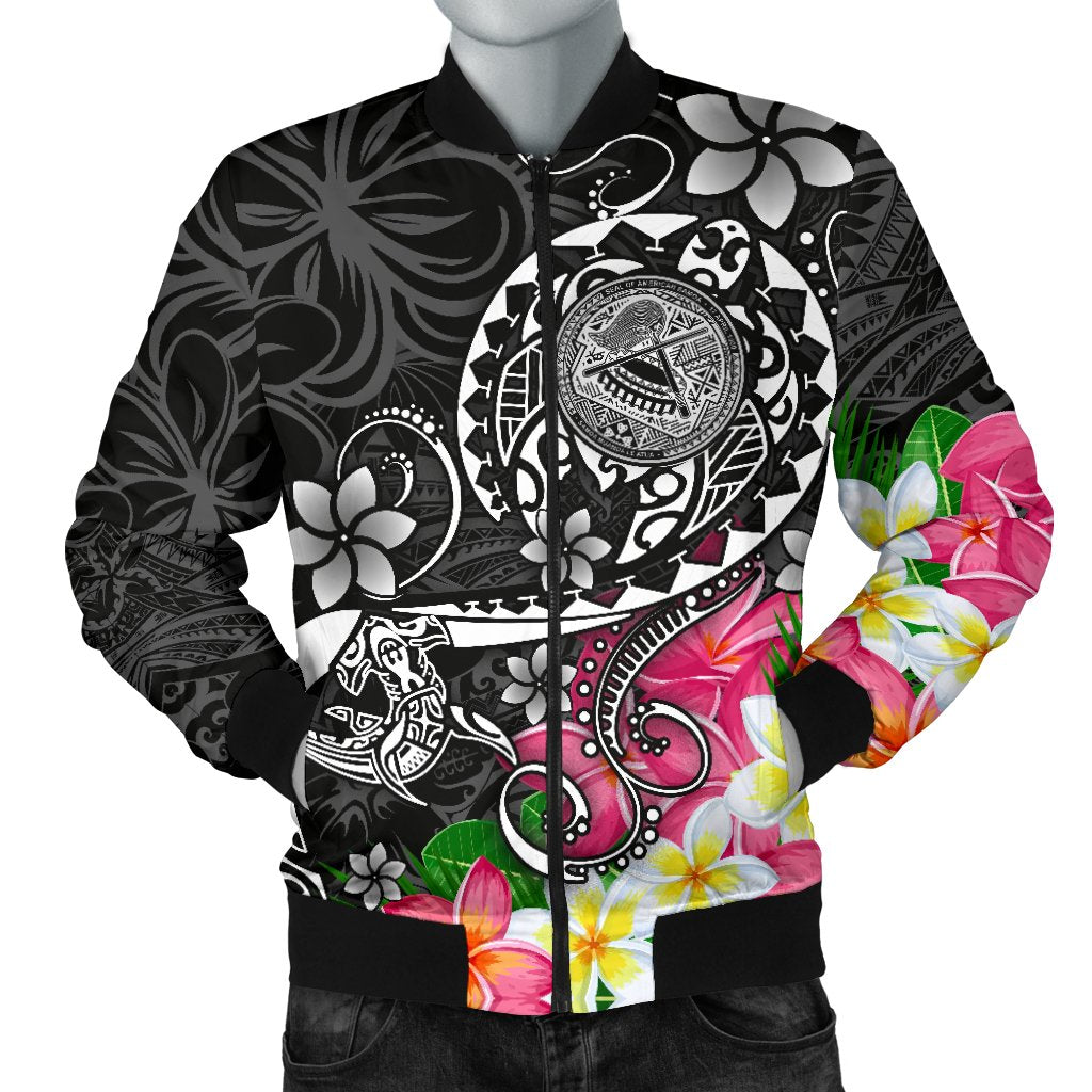 American Samoa Polynesian Men's Bomber Jacket - Turtle Plumeria (Black) Black - Polynesian Pride