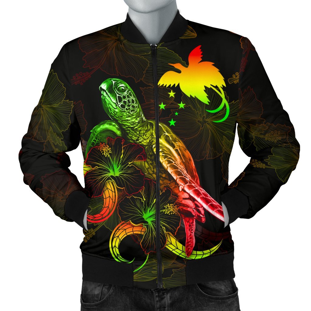 Papua New Guinea Polynesian Men's Bomber Jacket - Turtle With Blooming Hibiscus Reggae Reggae - Polynesian Pride