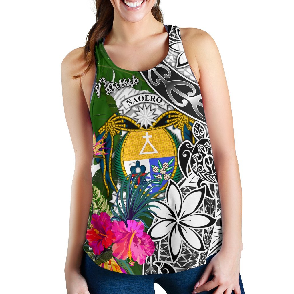 Nauru Women's Racerback Tank White - Turtle Plumeria Banana Leaf Crest - Polynesian Pride