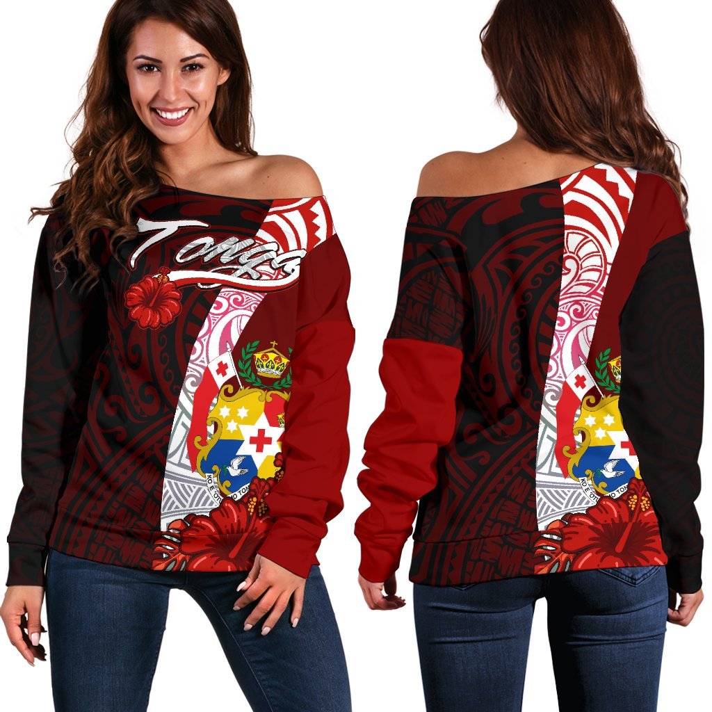 Tonga Polynesian Women's Off Shoulder Sweater - Coat Of Arm With Hibiscus Red - Polynesian Pride