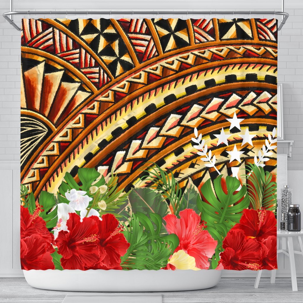 Kosrae Shower Curtain - Vintage Pattern With Hibiscus Flower 177 x 172 (cm) Gold - Polynesian Pride