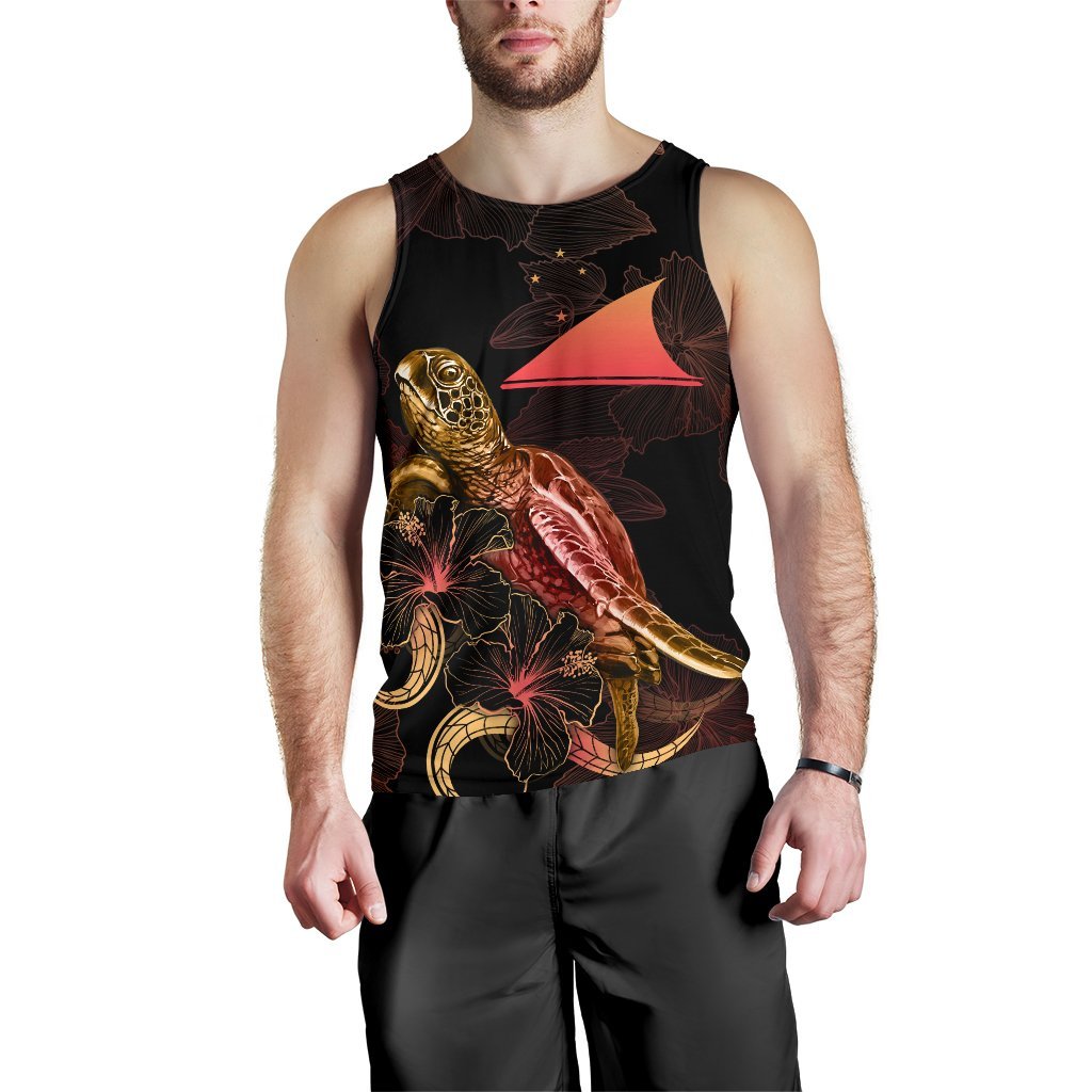 Tokelau Men Tank Top - Turtle With Blooming Hibiscus Gold - Polynesian Pride