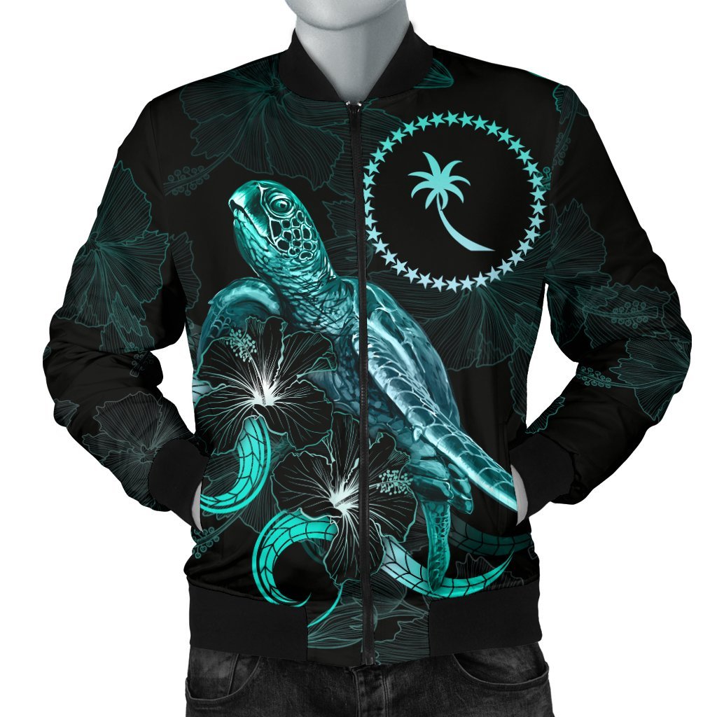 Chuuk Polynesian Men's Bomber Jacket - Turtle With Blooming Hibiscus Turquoise Turquoise - Polynesian Pride