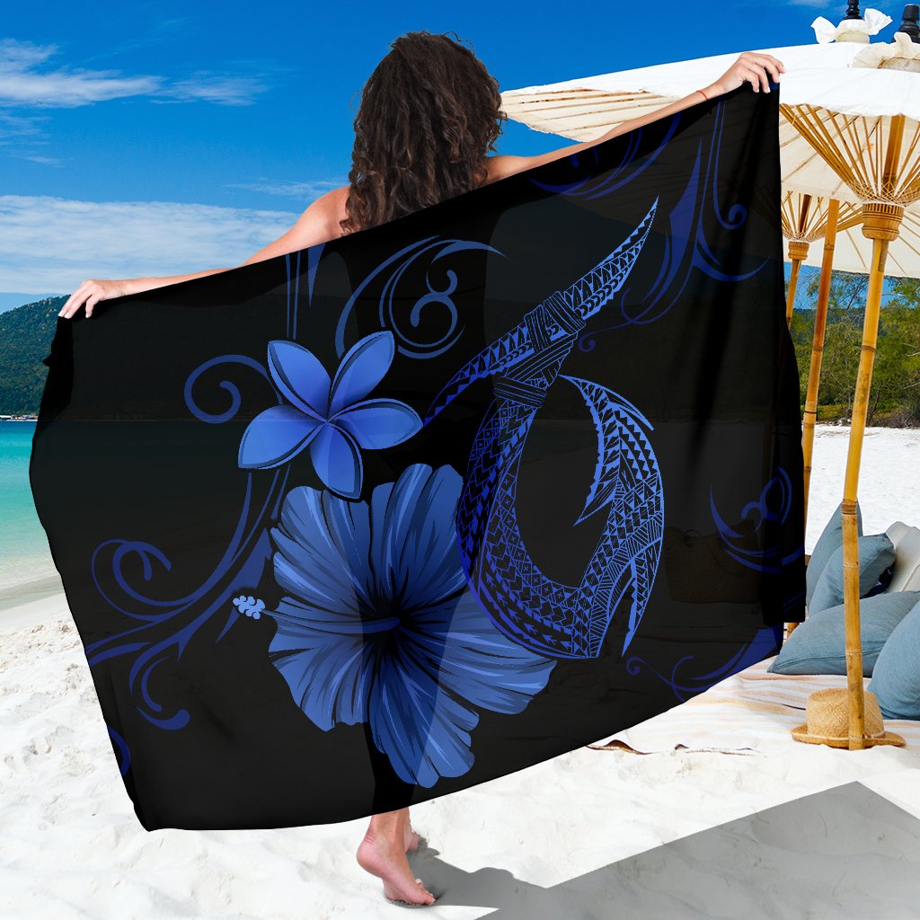 Hawaii Fish Hook Hibiscus Plumeria Poly Sarong - Blue Sarong One Size Blue - Polynesian Pride