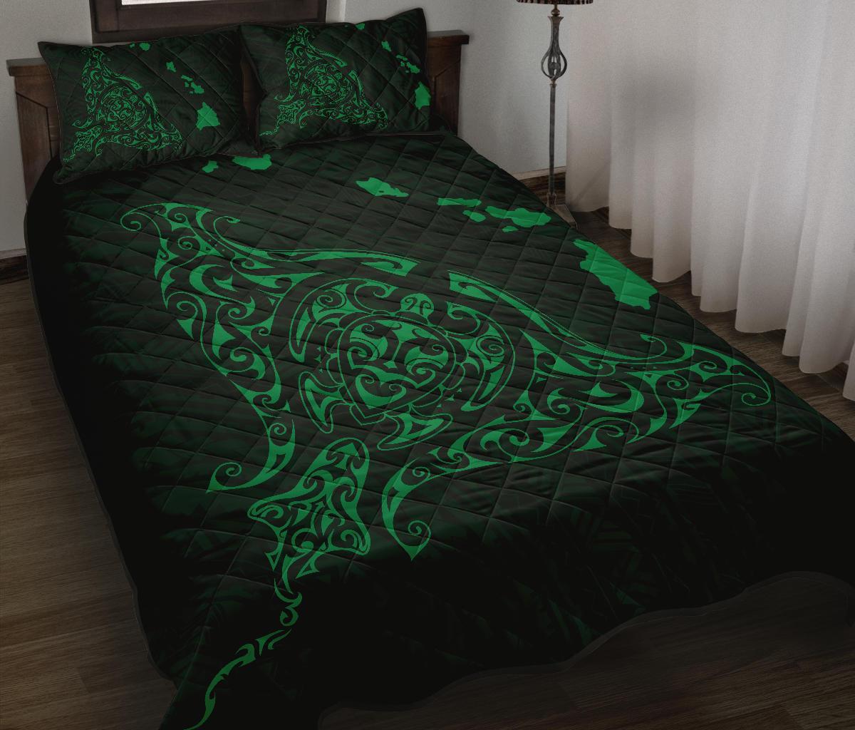 Rays Hawaii Map Polynesian Quilt Bed Set - Green - Polynesian Pride