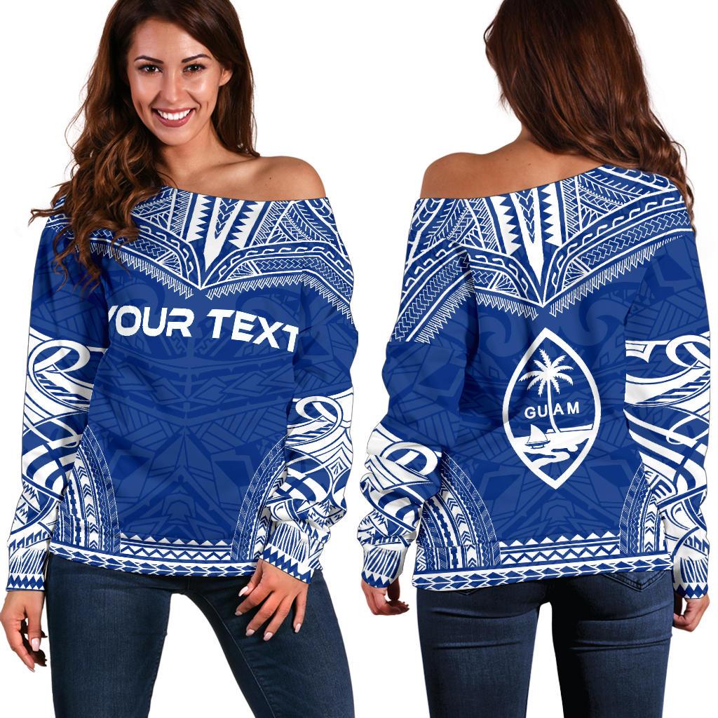 Guam Polynesian Chief Custom Personalised Women's Off Shoulder Sweater - Flag Version Blue - Polynesian Pride