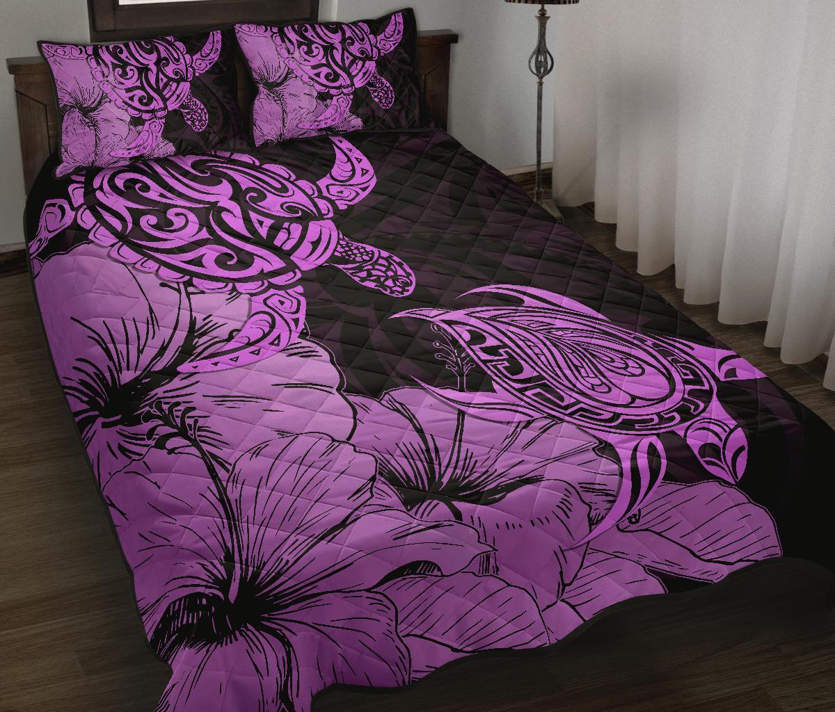 Hawaii Turtle Quilt Bed Set Polynesian Hibiscus Art Pink AH - Polynesian Pride