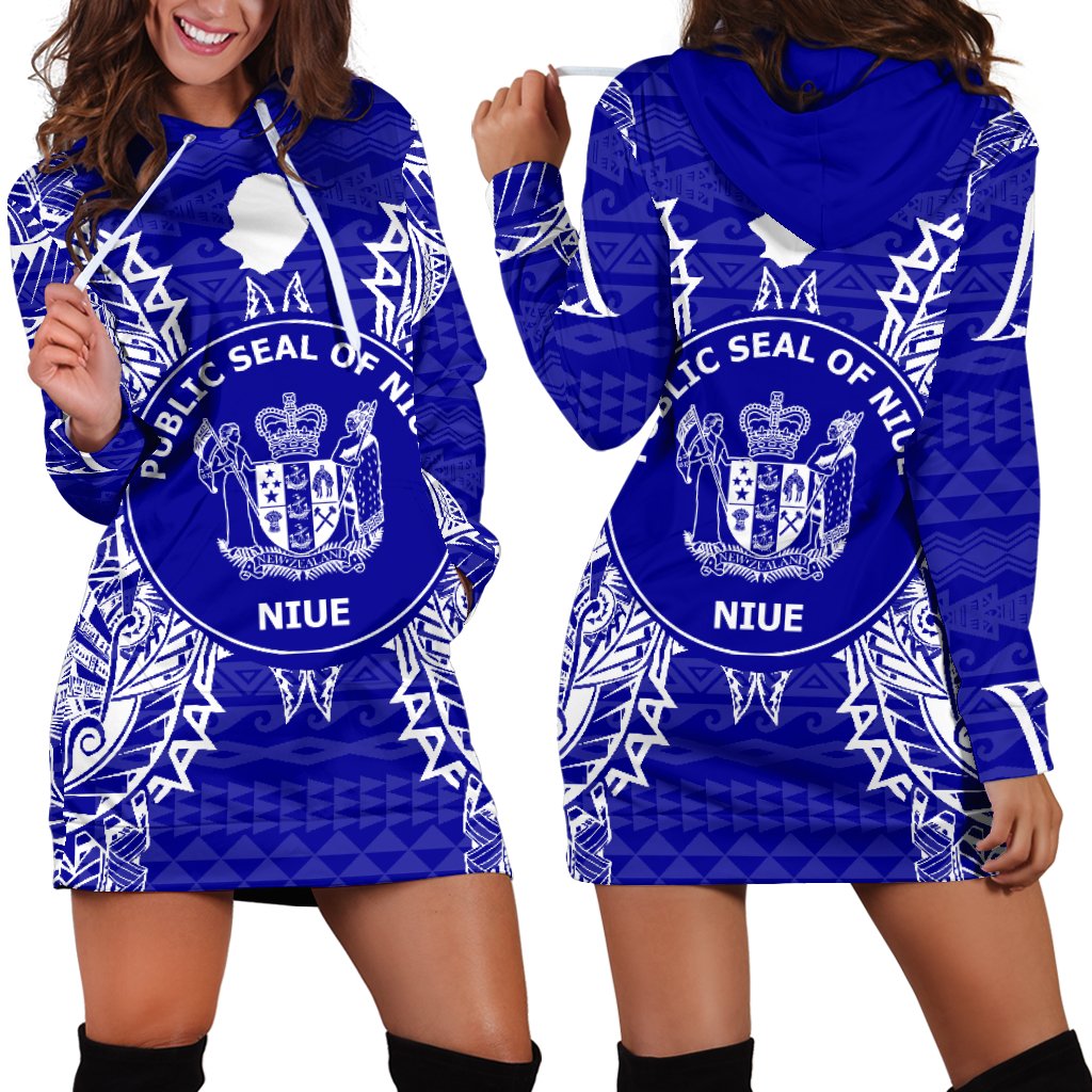 Niue Polynesian Hoodie Dress Map Blue Blue - Polynesian Pride