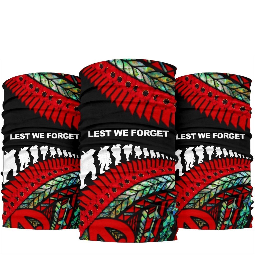 Anzac New Zealand Bandana, Poppies Lest We Forget Maori Soldiers Paua One Size Black - Polynesian Pride