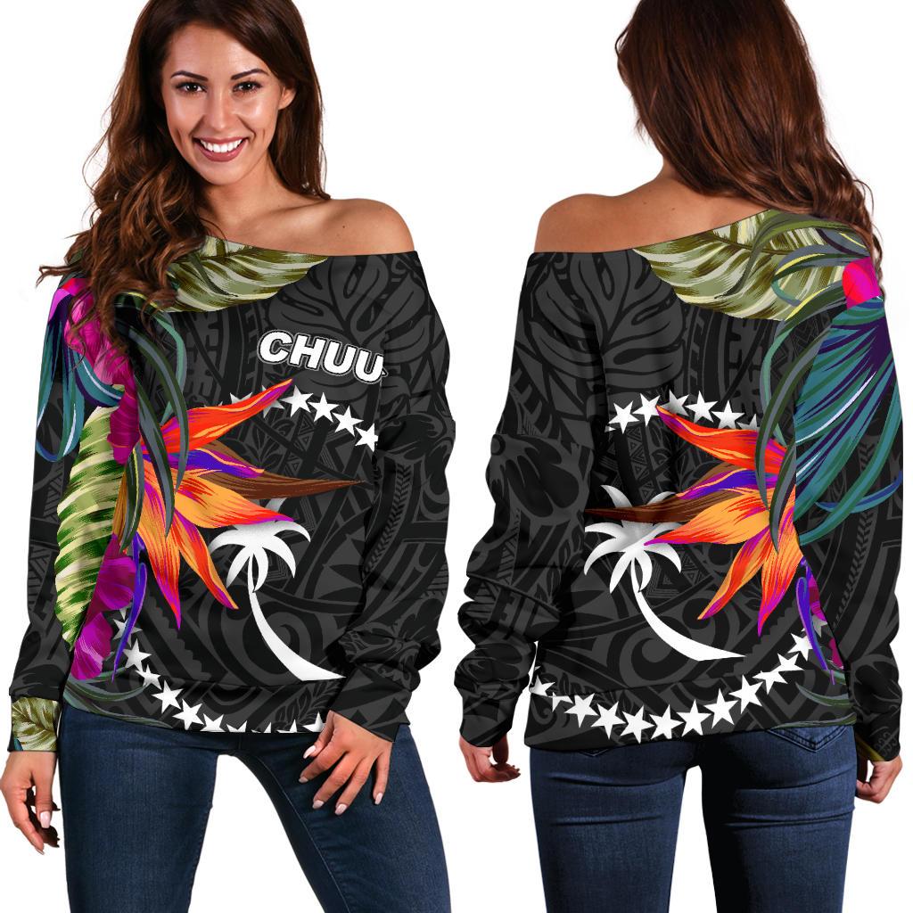 Chuuk Women's Off Shoulder Sweater - Polynesian Hibiscus Pattern Black - Polynesian Pride