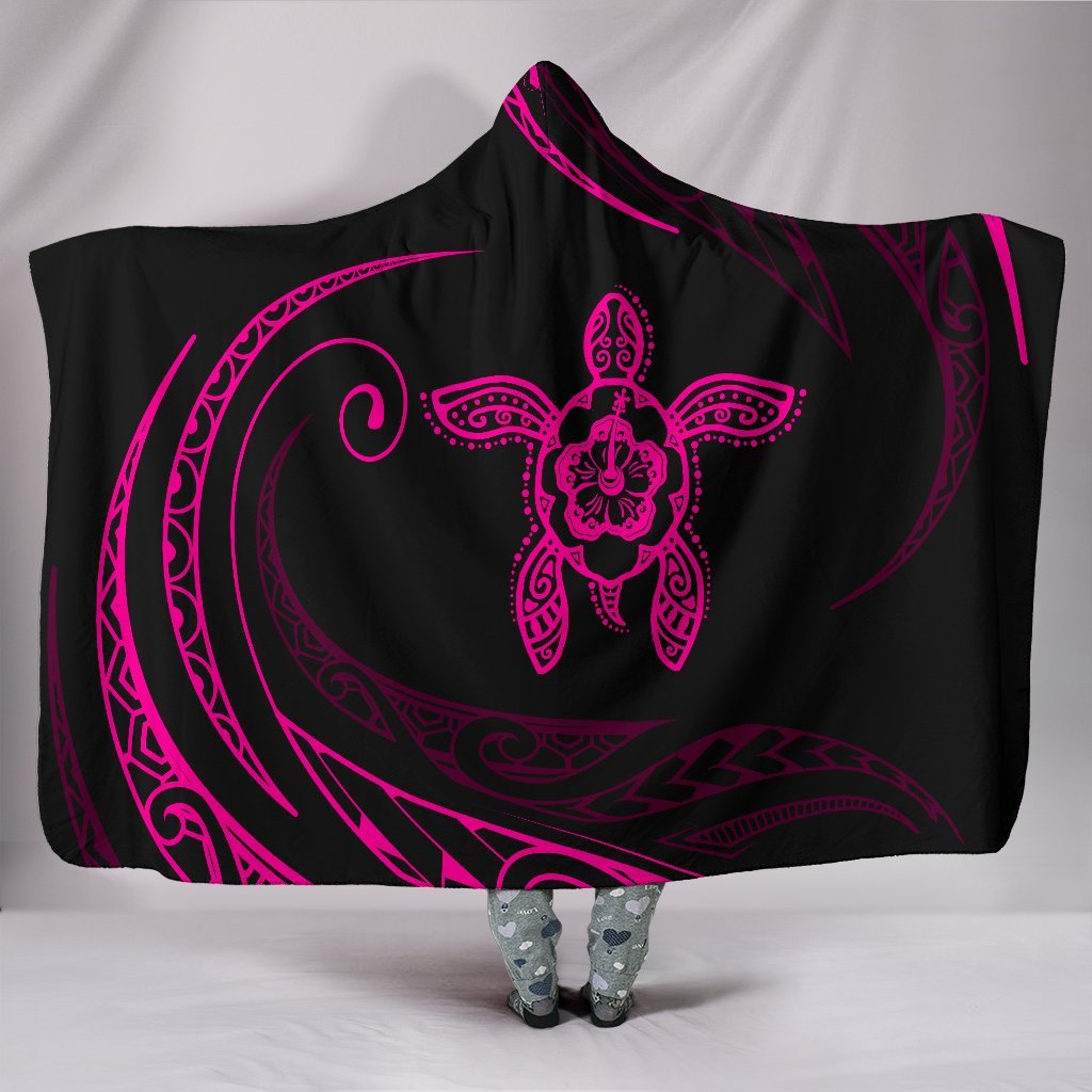 Hawaii Turtle Hibicus Hooded Blanket - Pink - Frida Style Hooded Blanket Pink - Polynesian Pride