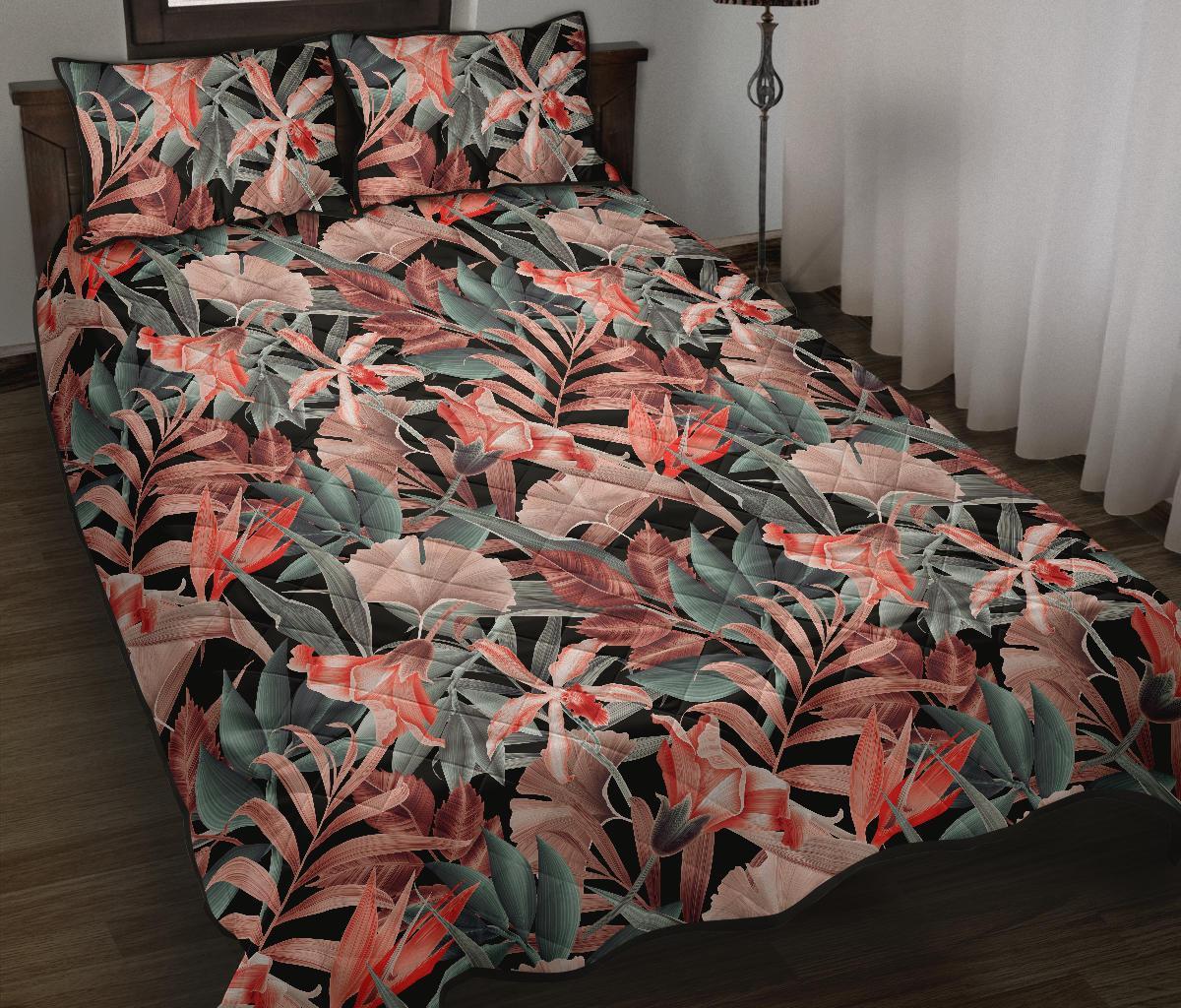 Hawaii Quilt Bed Set Seamless Tropical Flower Plant Leaf Pattern Background Retro Botanical Style AH Black - Polynesian Pride