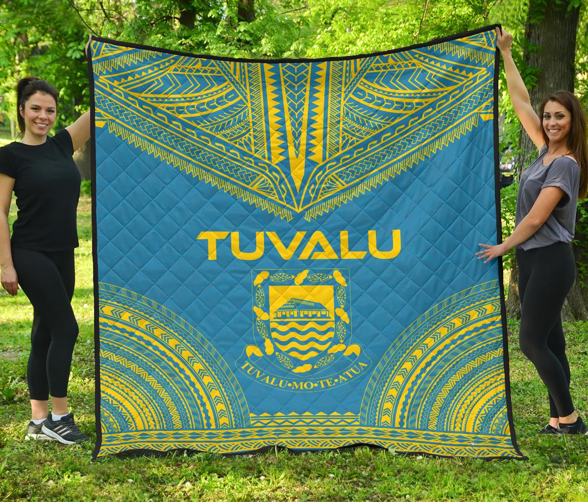 Tuvalu Premium Quilt - Tuvalu Coat Of Arms Polynesian Chief Blue Version Green - Polynesian Pride