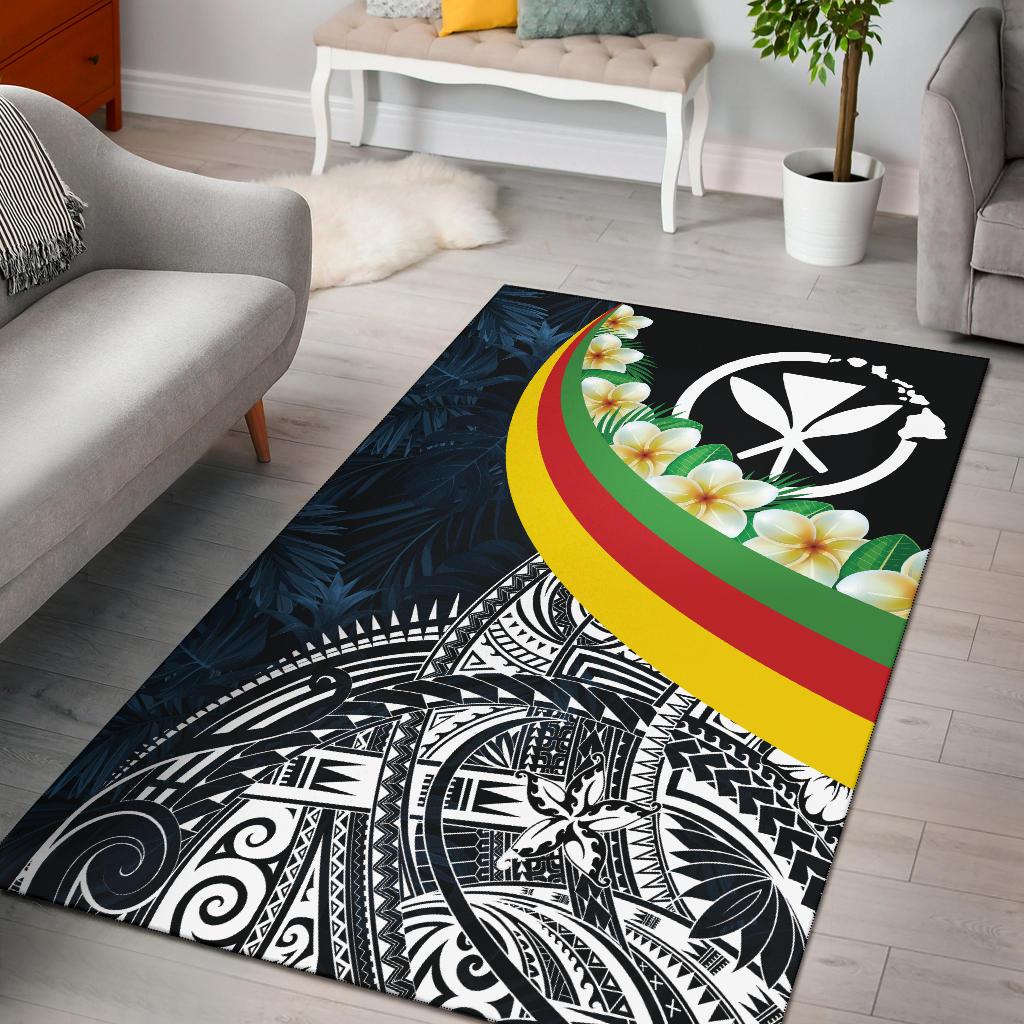 Polynesian Hawaii Area Rug - Kanaka Maoli With Plumeria Style Black - Polynesian Pride