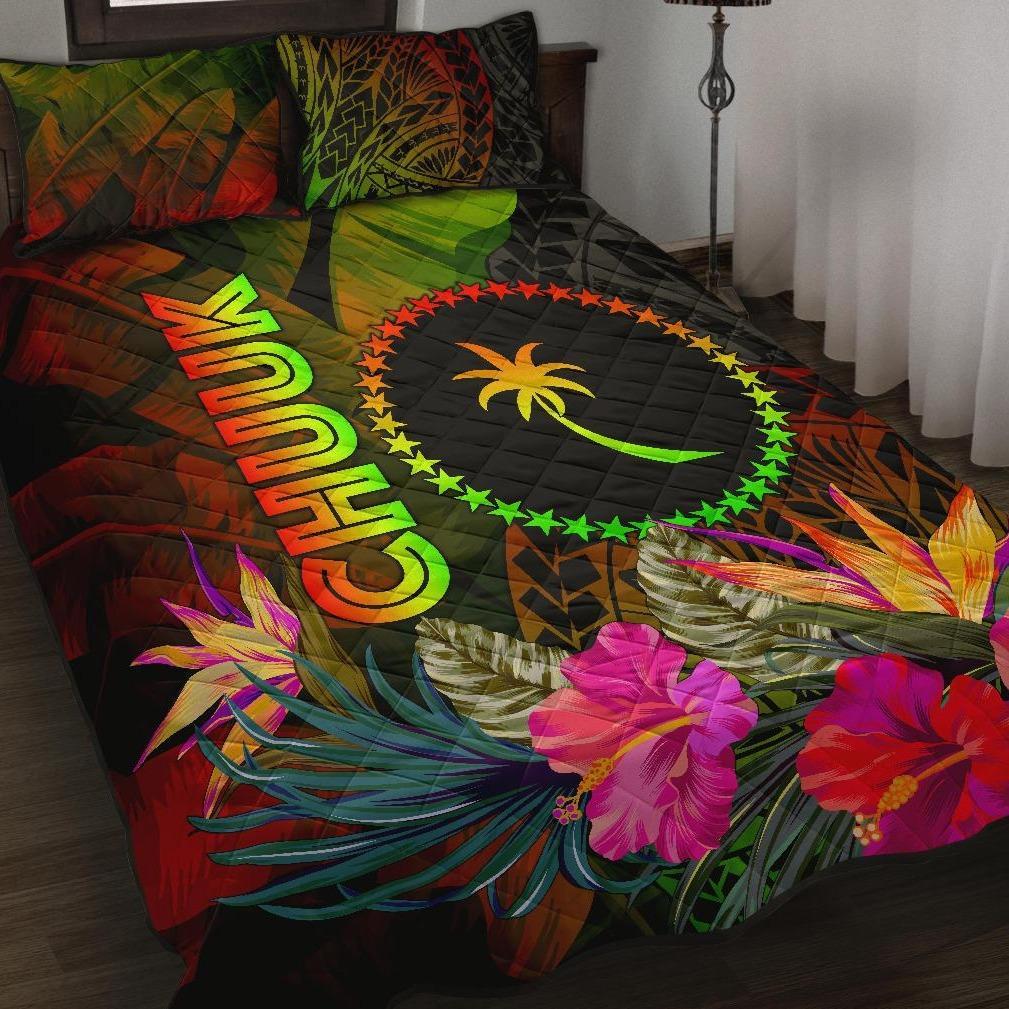 Chuuk Polynesian Quilt Bed Set - Hibiscus and Banana Leaves Art - Polynesian Pride