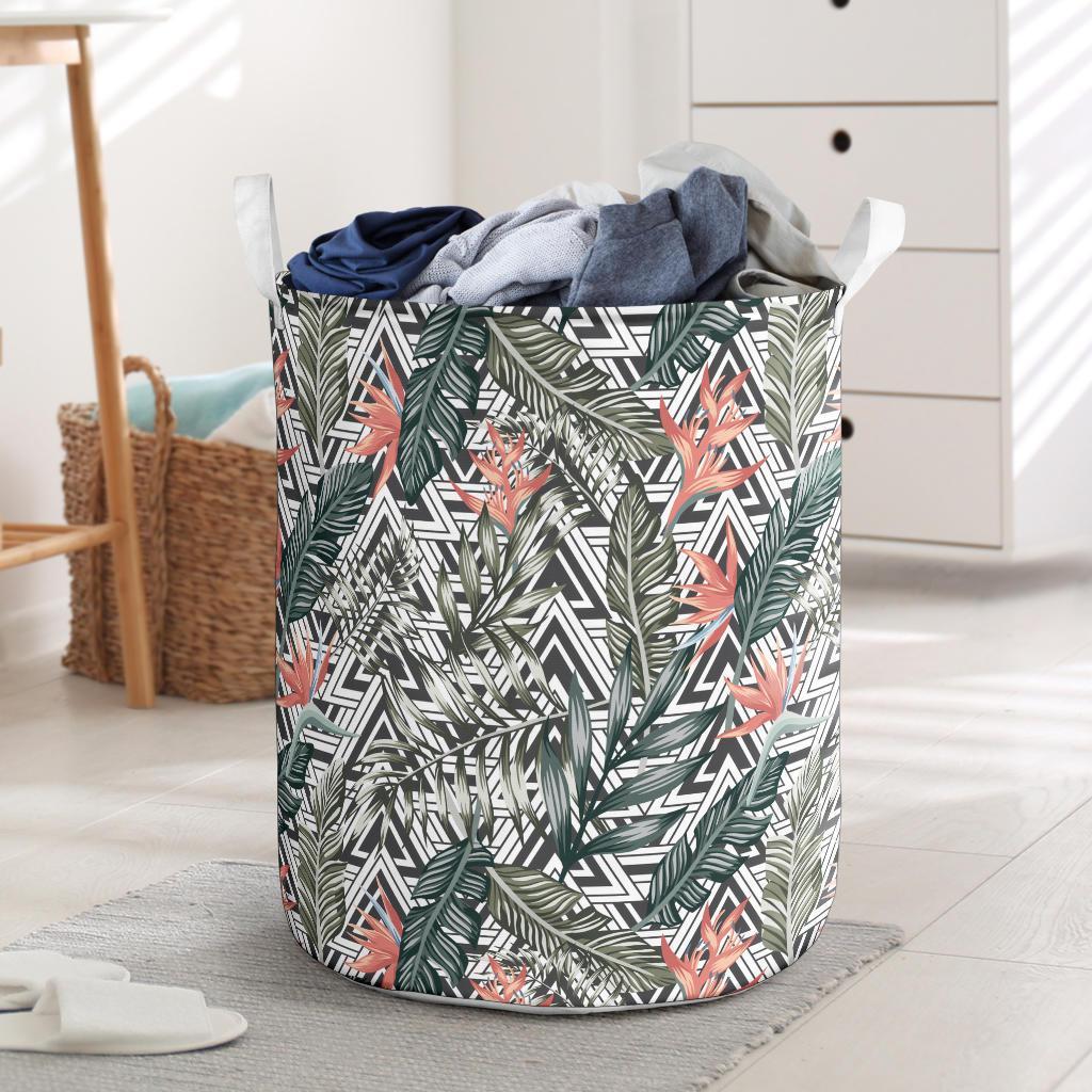 Tropical Palm Leaves And Flowers Hawaii Laundry Basket Laundry Basket One Size Black - Polynesian Pride