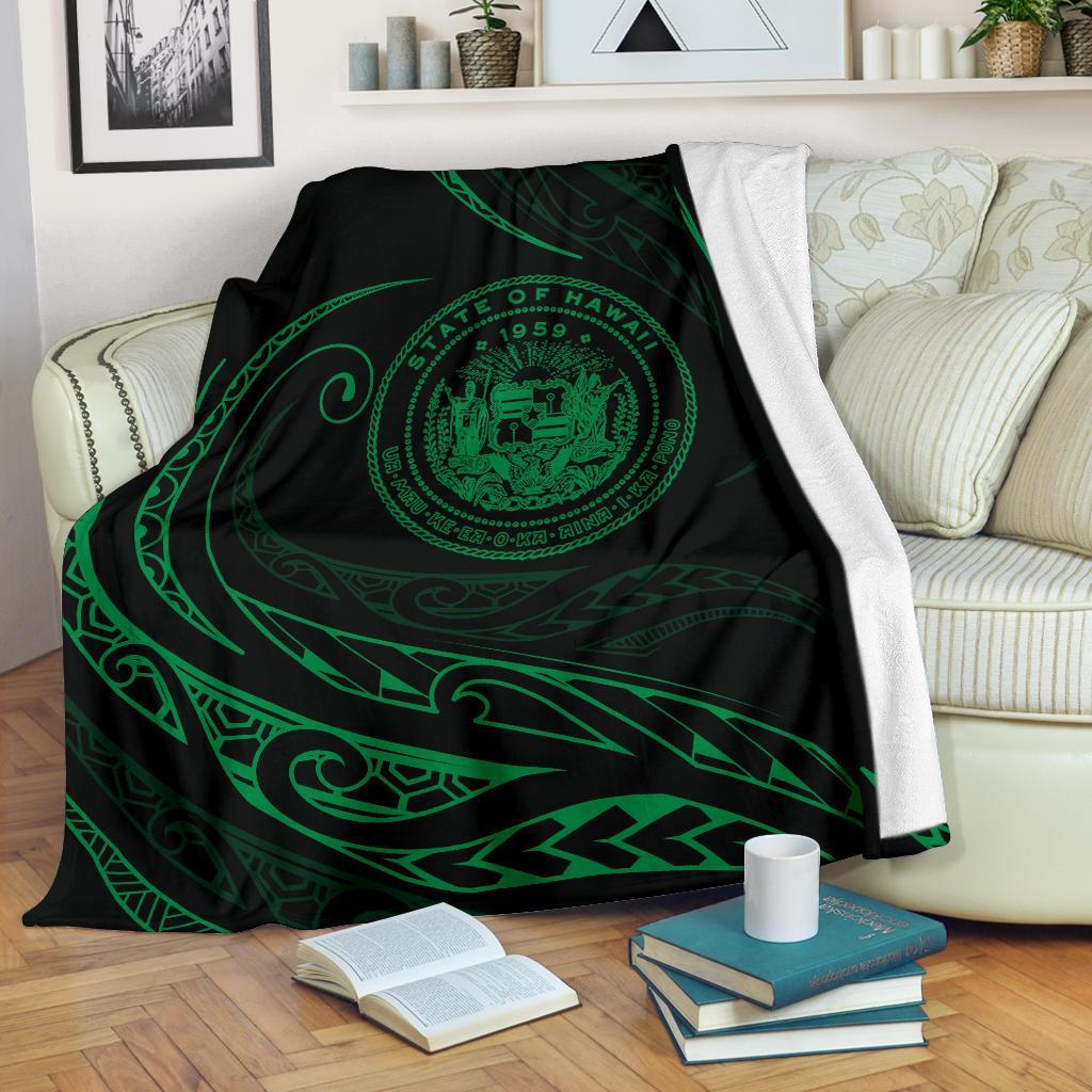 Hawaii Coat Of Arms Premium Blanket - Green - Frida Style White - Polynesian Pride