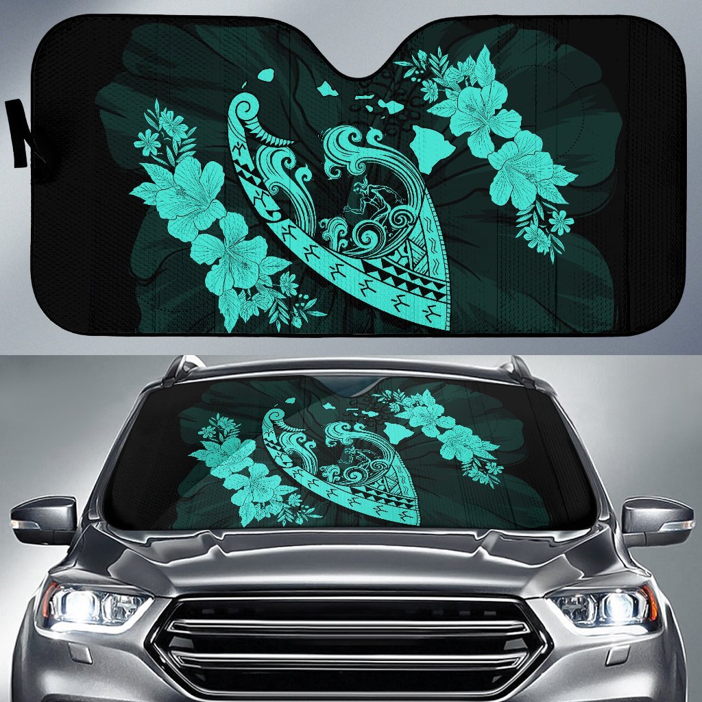 Hawaii Hibiscus Banzai Surfing Car Sun Shade - AH - Turquoise Auto Sun Shade Universal Fit Turquoise - Polynesian Pride