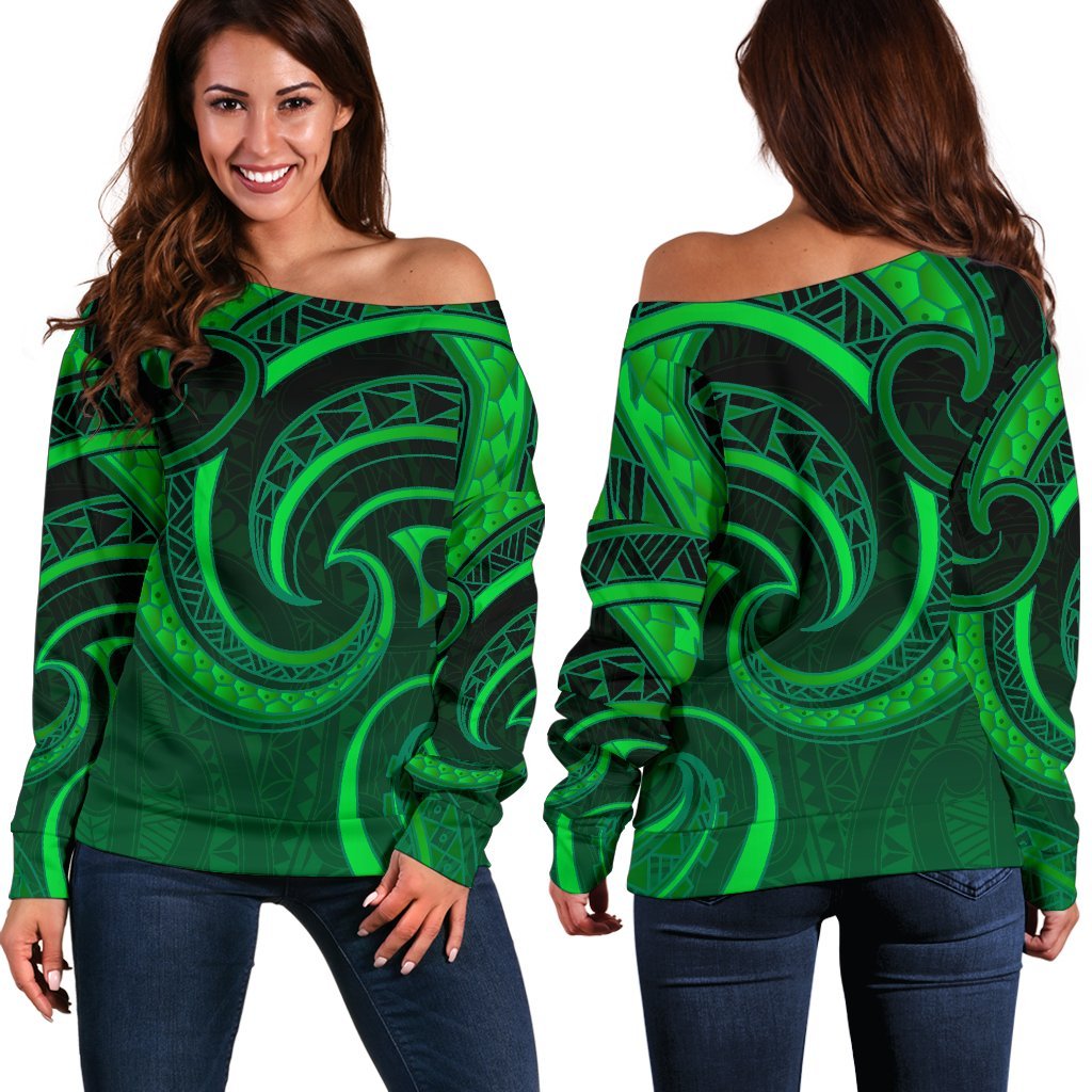 New Zealand Maori Mangopare Women Off Shoulder Sweater Polynesian - Green Green - Polynesian Pride