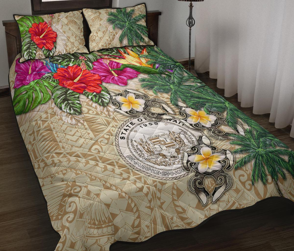 Hawaii Polynesian Quilt Bed Set - Hibiscus Turtle Tattoo Beige Beige - Polynesian Pride