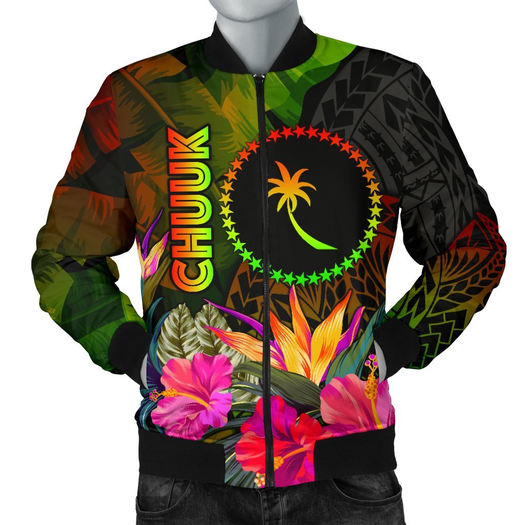 Chuuk Polynesian Men's Bomber Jacket - Hibiscus and Banana Leaves Reggae - Polynesian Pride