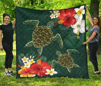 Hawaii Sea Turtle Hibiscus Plumeria Premium Quilt Green - Polynesian Pride