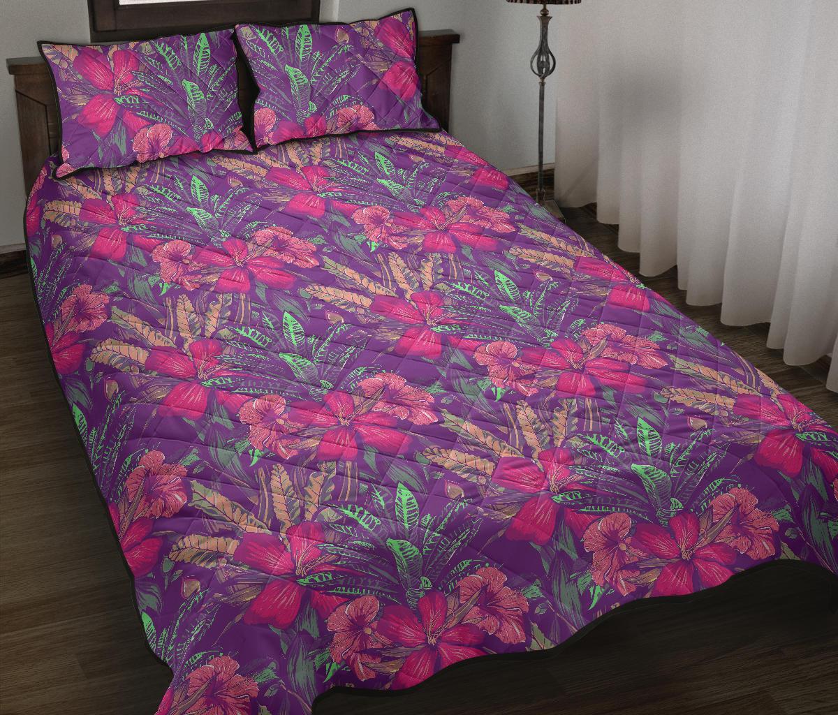 Hawaii Quilt Bed Set Tropical Hibiscus Purple AH Black - Polynesian Pride