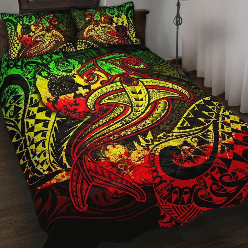 Tonga Quilt Bed Set - Reggae Shark Polynesian Tattoo Art - Polynesian Pride