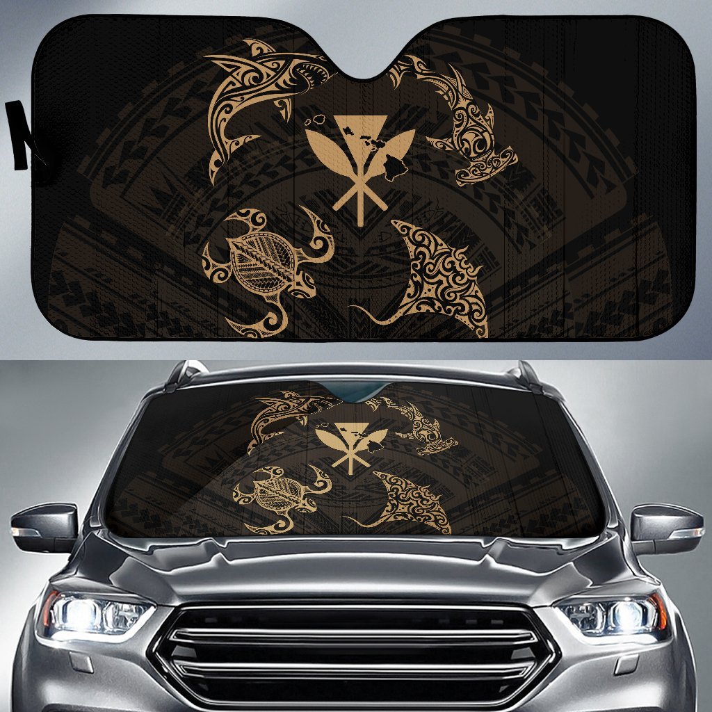 Polynesian Turtle Hammerhead Shark Manta Ray Hawaii Car Sun Shade Circle - AH - Gold Auto Sun Shade Universal Fit Gold - Polynesian Pride