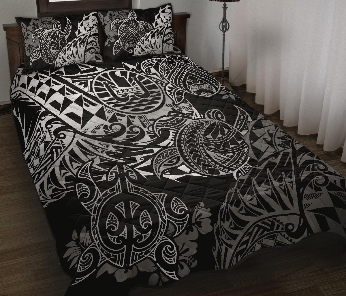 Tahiti Polynesian Quilt Bed Set - White Turtle Hibiscus Flowing WHITE - Polynesian Pride