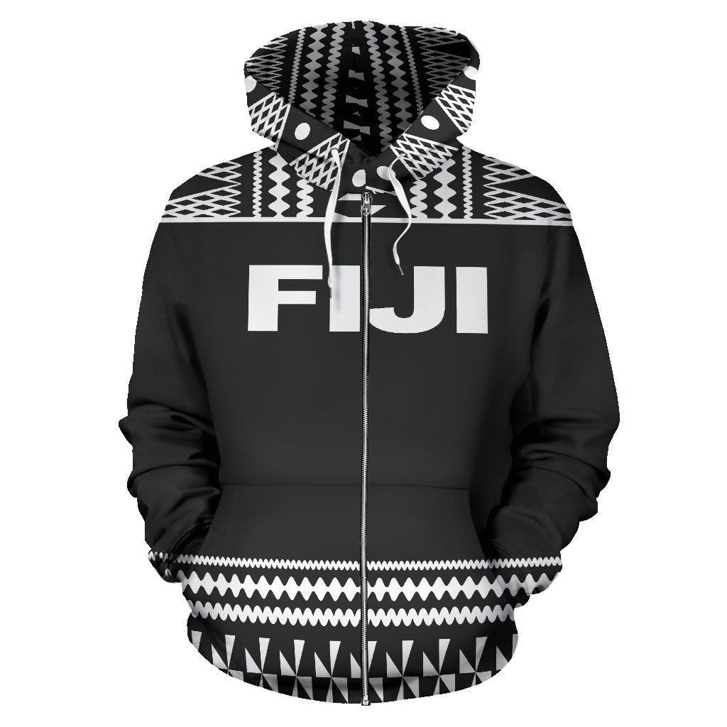Fiji Tapa All Over Zip up Hoodie Black and White Version - Polynesian Pride