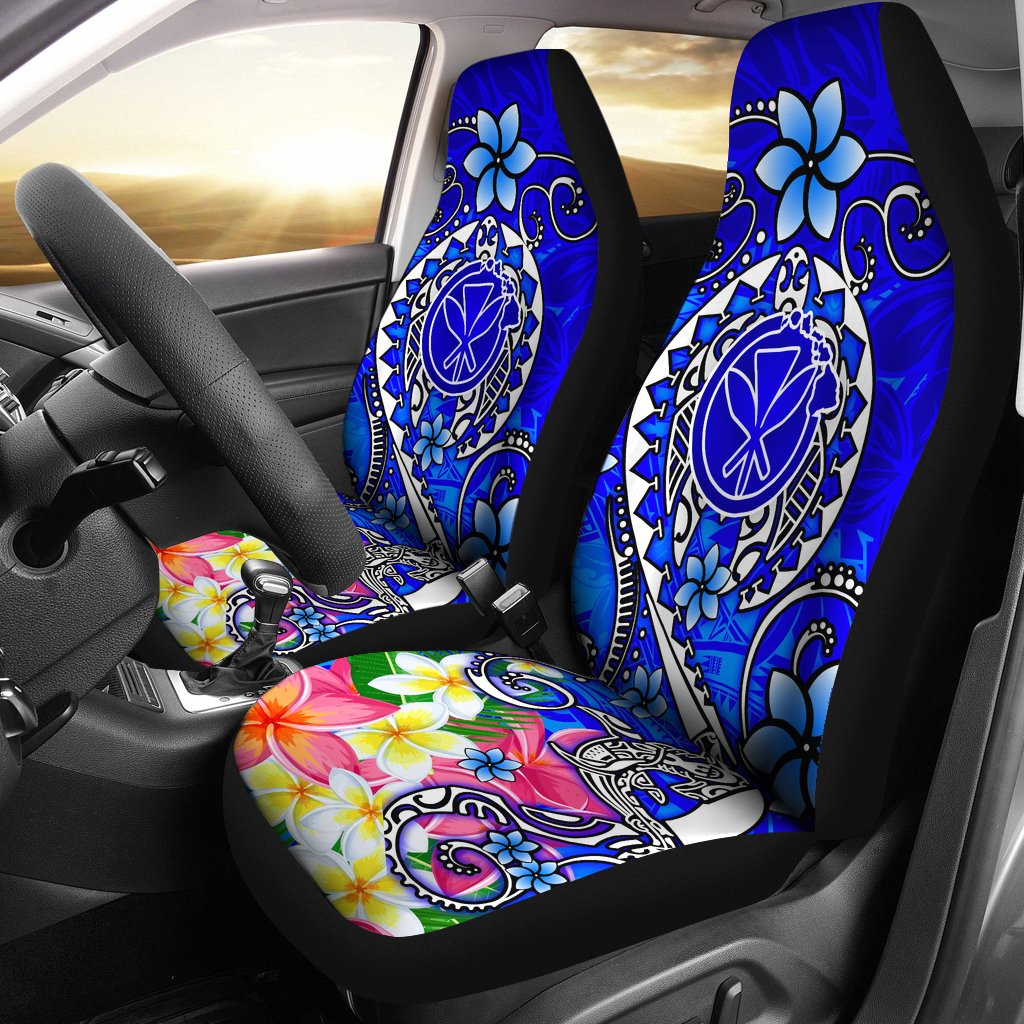 Hawaii Car Seat Covers - Turtle Plumeria Polynesian Tattoo Blue Color Universal Fit Blue - Polynesian Pride