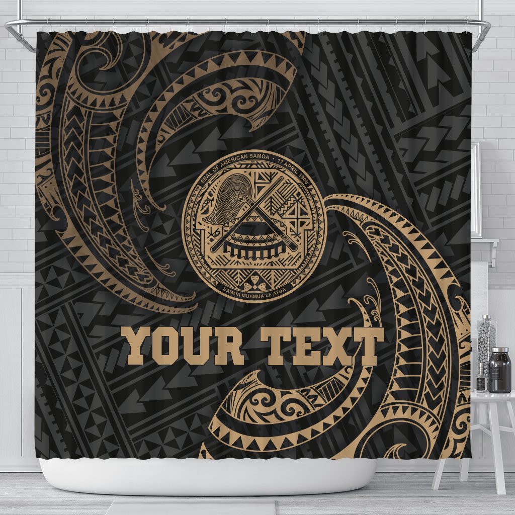 American Samoa Polynesian Custom Personalised Shower Curtain - Gold Tribal Wave 177 x 172 (cm) Black - Polynesian Pride