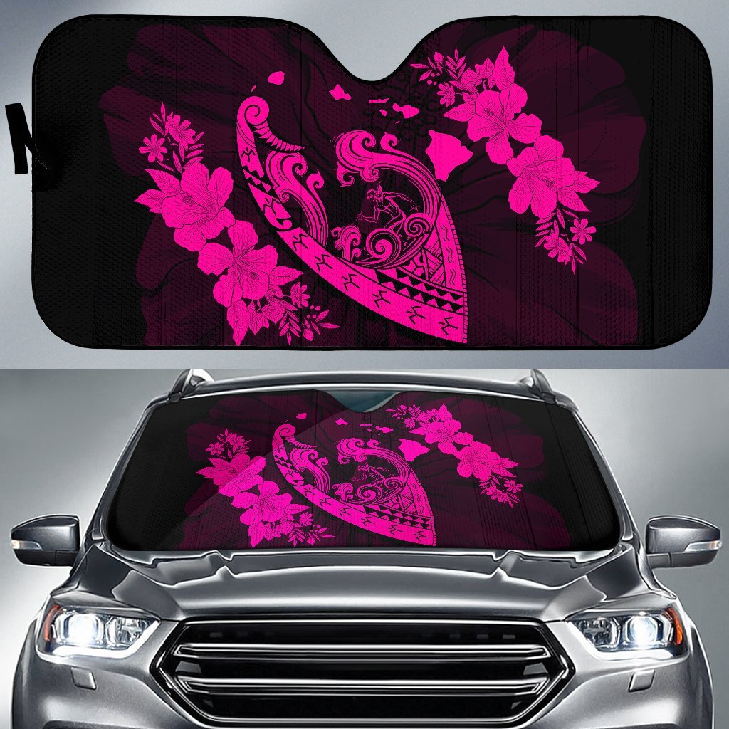 Hawaii Hibiscus Banzai Surfing Car Sun Shade - AH - Pink Auto Sun Shade Universal Fit Pink - Polynesian Pride