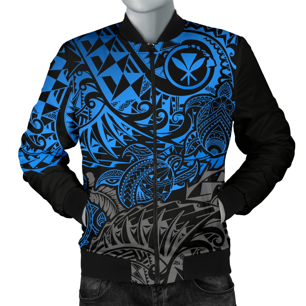 Polynesian Hawaii (Kanaka Maoli) Men Bomber Jacket - Blue Hibiscus Turtle Flowing Blue - Polynesian Pride