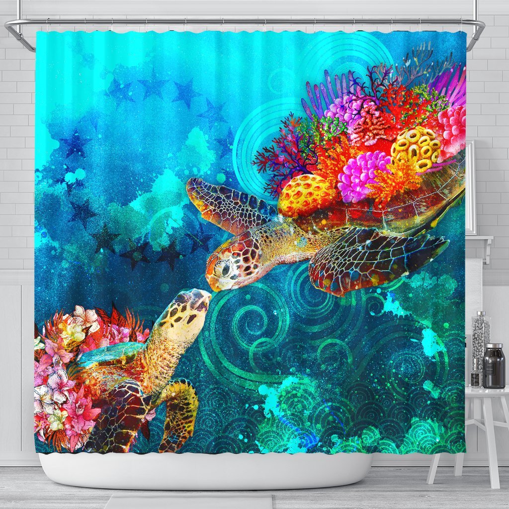 Cook Islands Shower Curtain - Sea Turtle Coral Treasure 177 x 172 (cm) BLACK - Polynesian Pride