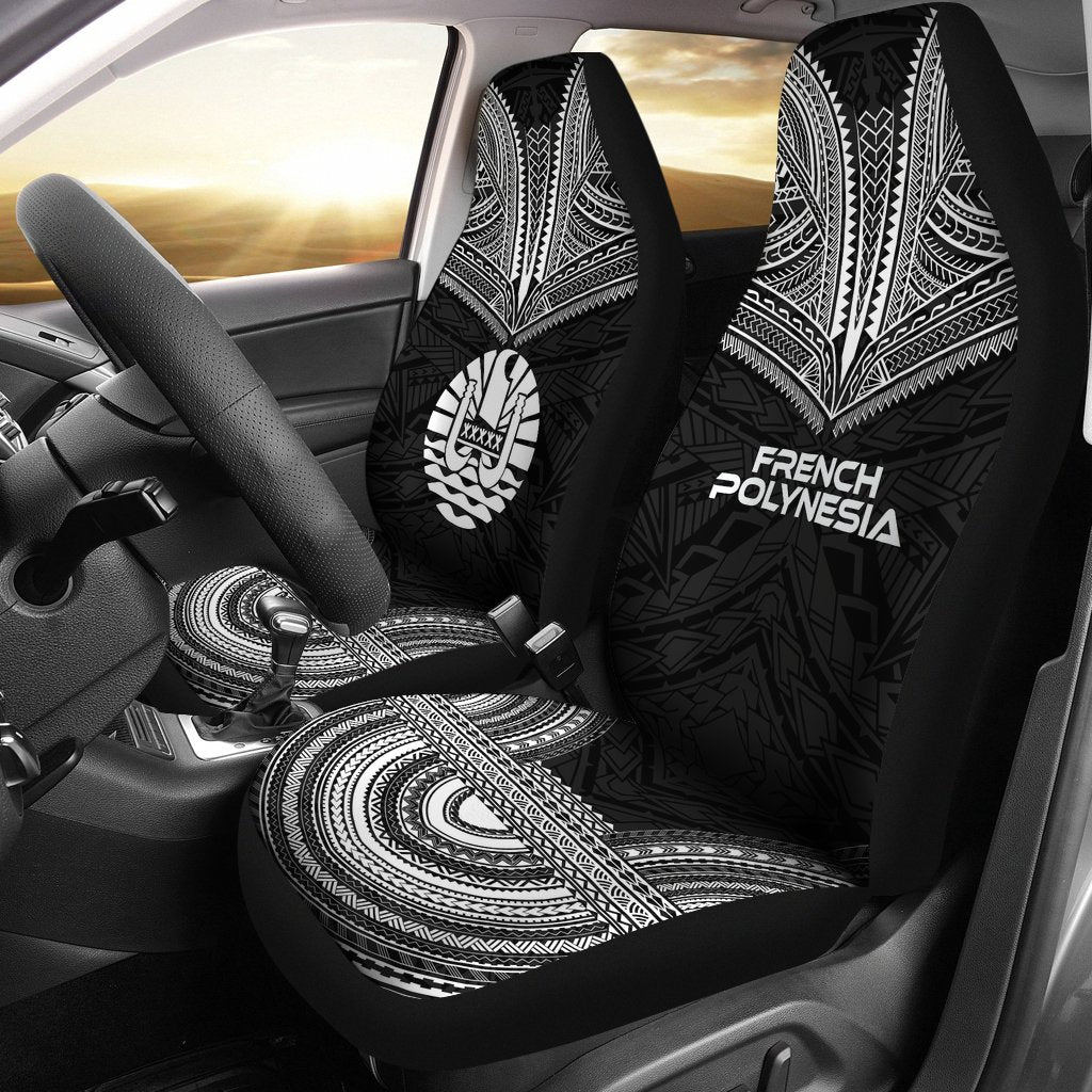 French Polynesian Car Seat Cover - French Polynesian Coat Of Arms Polynesian Chief Tattoo Black Version Universal Fit Black - Polynesian Pride