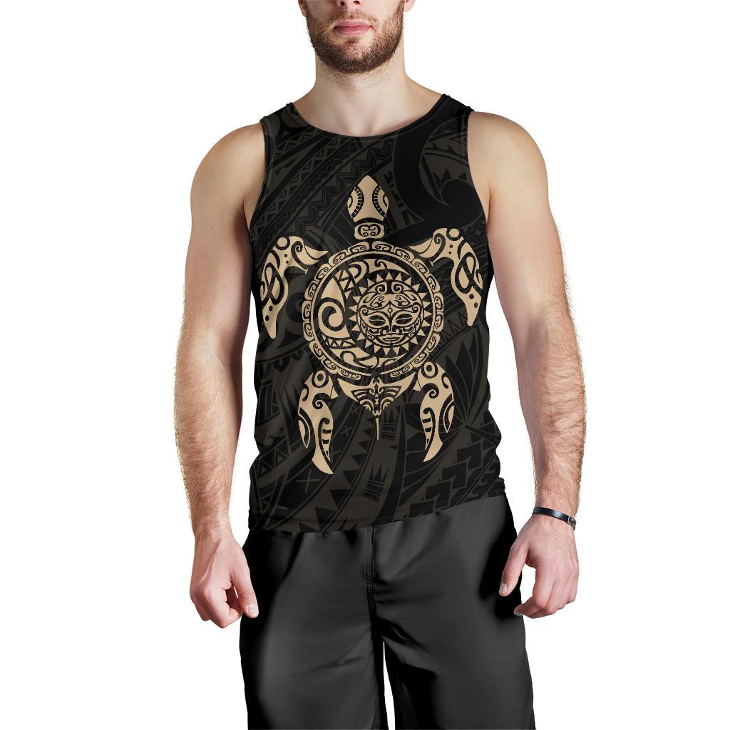 New Zealand Men Tank Top, Maori Turtle Tattoo - Gold Black - Polynesian Pride