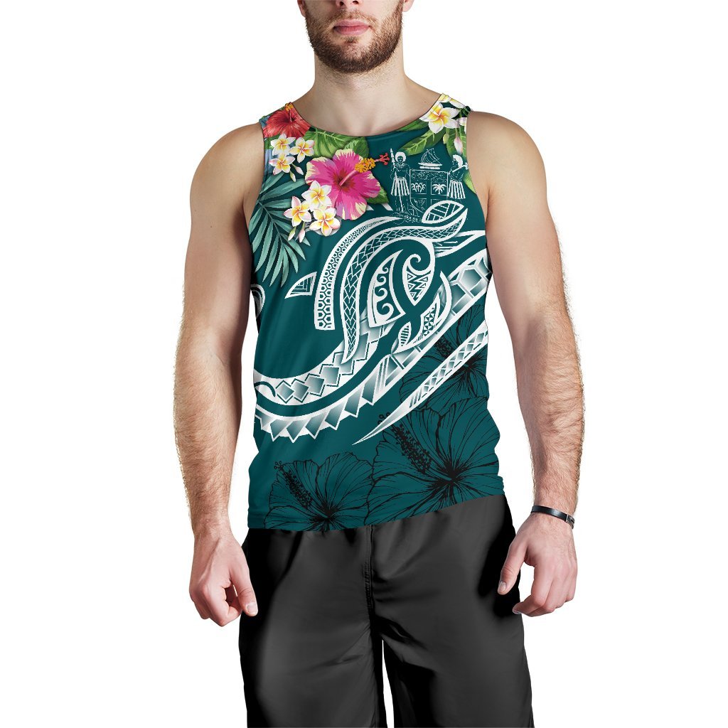 Fiji Polynesian Men's Tank Top - Summer Plumeria (Turquoise) - Polynesian Pride