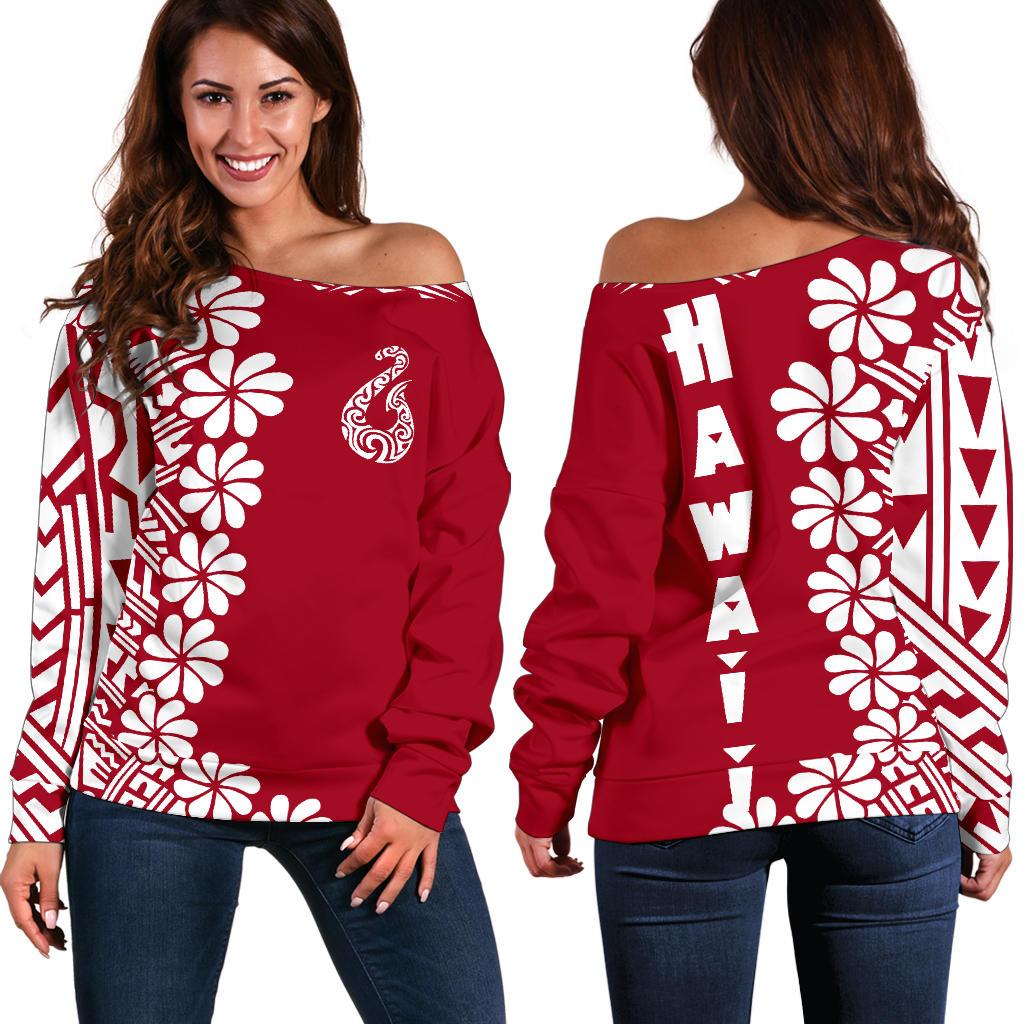 Hawaii Women's Off Shoulder Sweater - Hook Maui Hibiscus Red - Polynesian Pride