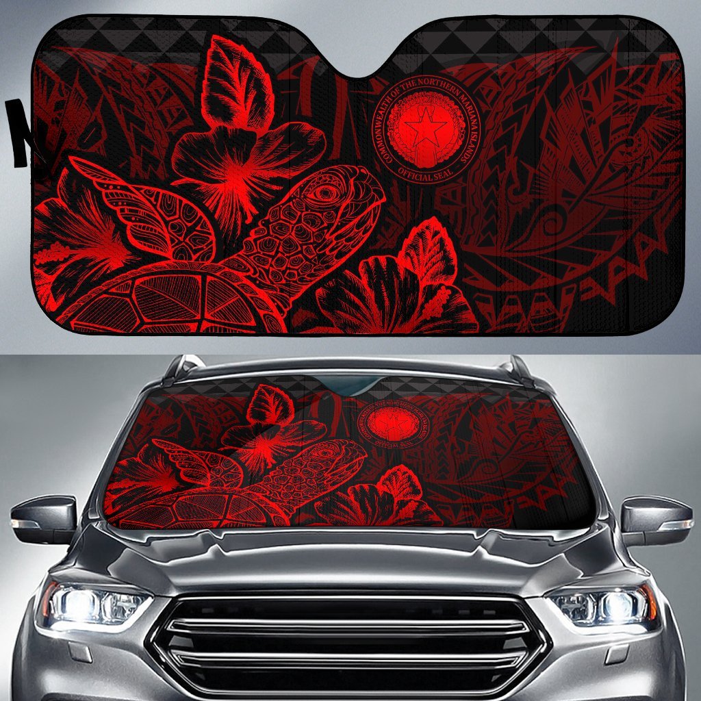 Northern Mariana Islands Auto Sun Shades Turtle Hibiscus Red Auto Sun Shade Universal Fit Red - Polynesian Pride