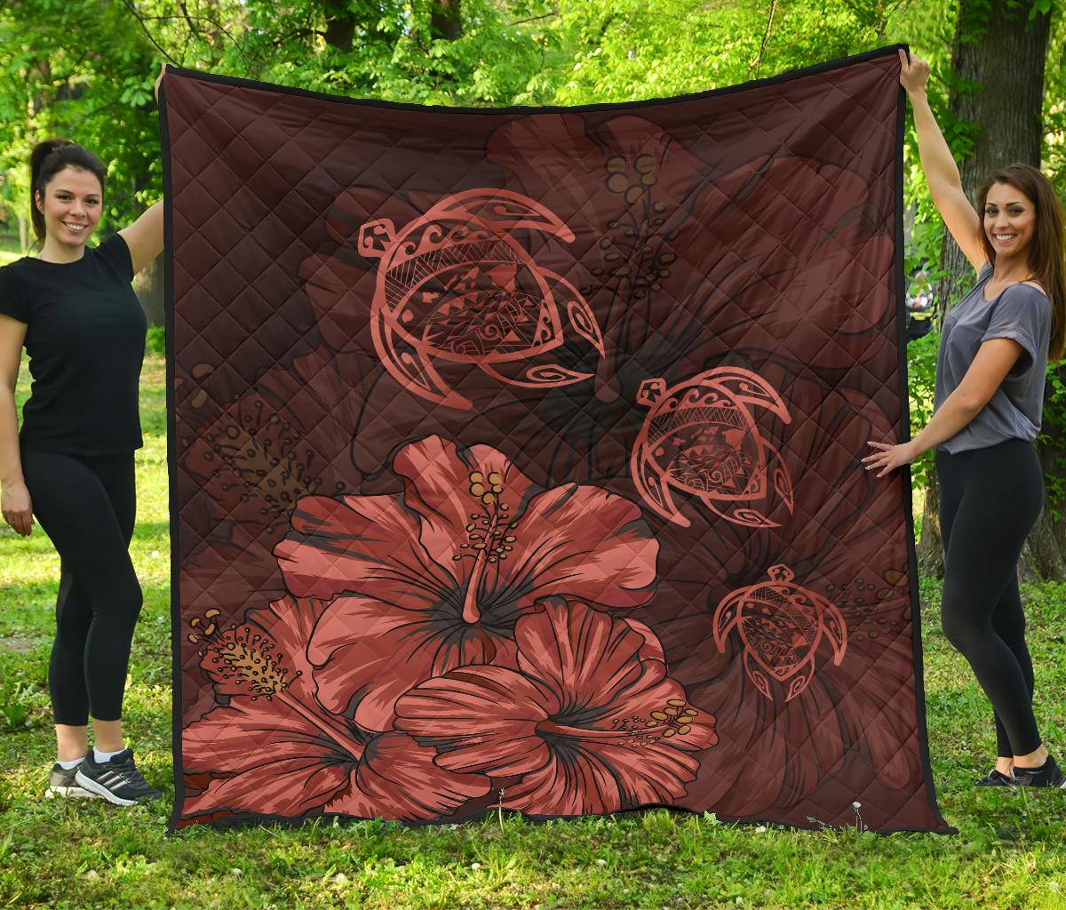 Hawaiian Map Hibiscus Turtle Vintage Polynesian Premium Quilt Red Red - Polynesian Pride